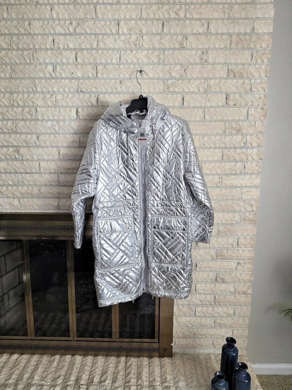 Michael Kors Quilted Metallic Ciré Puffer Coat Silver Small